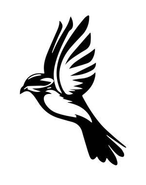 Uçan bir kuşun, beyaz bir arka planda izole edilmiş, çarpıcı ve çarpıcı bir şekilde, siyah-beyaz tasviri. Bu vektör çizimi logolar, dövmeler ve tişört tasarımları için mükemmeldir.