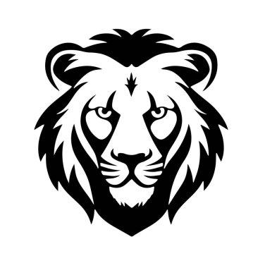 Siyah-beyaz, cesur ve vahşi bir aslan başı dövmesi tasarımı. Beyaz arkaplanda izole edilmiş vektör illüstrasyonu.