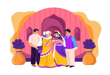 Diwali 'yi coşkulu ve şenlikli bir şekilde kutlayan bir ailenin tasviri. Bu vektör illüstrasyonu tatil süslemeleri ve tebrik kartları için mükemmeldir.