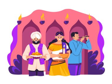 Arkadaşların Diwali 'yi coşkulu ve şenlikli bir şekilde kutlayışının tasviri. Bu vektör illüstrasyonu tatil süslemeleri ve tebrik kartları için idealdir.