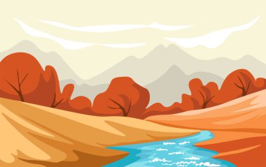 Karla kaplı tepeleri ve akan bir nehri olan manzaralı bir nehir vadisi tasviri. Vektör manzara çizimi.