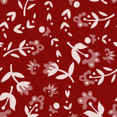 Detaylı botanik elementlerle süslü kırmızı çiçek motifi, kusursuz bir şekilde tekrarlanıyor. Tekstil, duvar kâğıtları ve arka planlar için ideal. Beyaz arkaplanda izole edilmiş vektör illüstrasyonu.