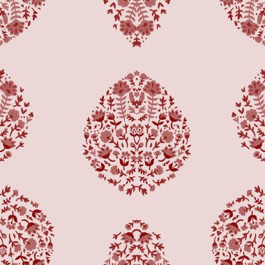 Kırmızı süslemeli çiçek deseni. Karmaşık detaylarla, kusursuz bir şekilde tekrarlanıyor. Tekstil, duvar kâğıtları ve arka planlar için ideal. Beyaz arkaplanda izole edilmiş vektör illüstrasyonu.