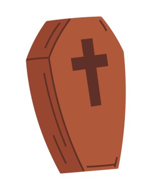 Düz çizgi film tarzında haçlı tahta bir tabut tasviri, beyaz arka planda izole edilmiş. Bu vektör çizimi Cadılar Bayramı tasarımları, korku temaları ve ürkütücü dekorasyonlar için mükemmeldir..