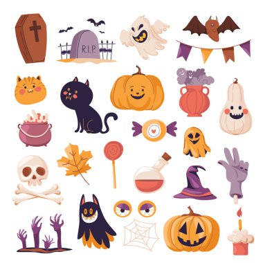 Cadılar Bayramı temalı bir ikon koleksiyonunun vektör çizimi, balkabakları, hayaletler ve ürkütücü elementler de dahil. Cadılar Bayramı süslemeleri, parti davetiyeleri ya da temalı tasarımlar için mükemmel.