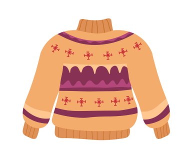 Dekoratif desenli, beyaz arka planda izole edilmiş sıcak bir kazağın vektör çizimi. Moda tasarımları, samimi temalı çizimler ya da kış projeleri için mükemmel..