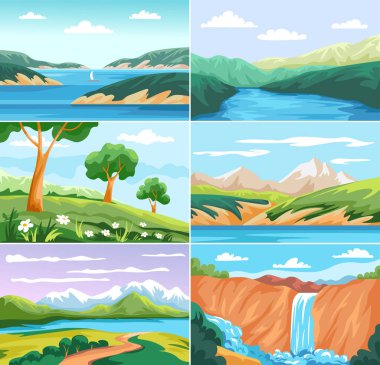 Beyaz bir arka planda gölleri, nehirleri ve yeşillikleri olan farklı yaz manzaralarını gösteren bir dizi vektör çizimi. Doğa temalı tasarımlar ve mevsimlik projeler için mükemmel..