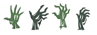 Farklı pozlarda, beyaz arka planda izole edilmiş ürkütücü yeşil zombi elleri tasvir eden vektör çizimleri. Cadılar Bayramı tasarımları ve korku temalı projeler için mükemmel..