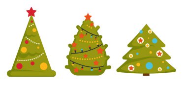 Beyaz arka planda izole edilmiş mum ve yuvarlak süslemelerle süslenmiş biçimlendirilmiş bir Noel ağacının vektör çizimi. Kutlama kartları ve tatil tasarımları için ideal..