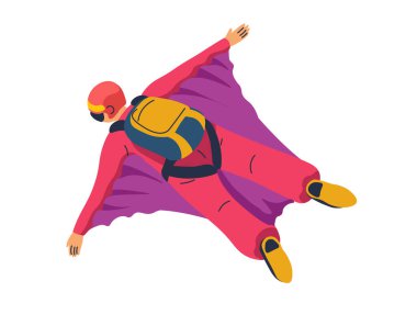 Beyaz arka planda yalıtılmış, wingsuit uçuşu yapan bir kişinin çizimi. Ekstrem spor ve macera temaları için vektör illüstrasyonu mükemmel.
