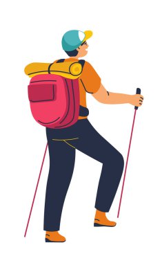 Yürüyüşçünün, beyaz arka planda izole edilmiş, düz bir tasarım tarzında sırt çantasıyla kayalık bir tepenin üzerinde duran bir taşıyıcı illüstrasyonu.