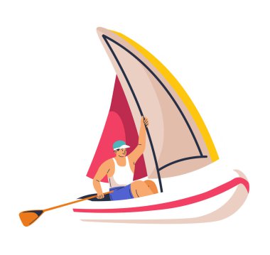 Okyanusta yelken açmış, beyaz arka planda izole edilmiş, düz bir tasarım tarzında kürek çeken bir denizcinin vektör çizimi..