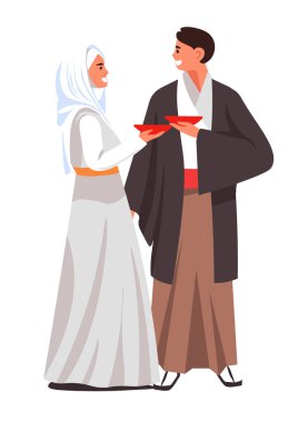 Geleneksel çay töreninde beyaz arka planda izole edilmiş Japon bir çiftin vektör çizimi. Kültürel eğitim ve temalı etkinlikler için uygundur.