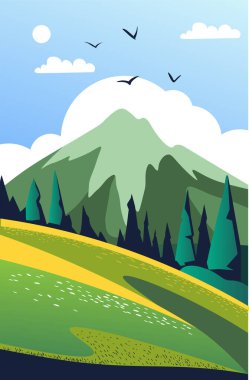 Dağ manzarası, tepeler, ağaçlar ve kuşlar düz bir vektör illüstrasyonunda. Doğa temalı tasarımlar ve açık hava projeleri için uygundur.