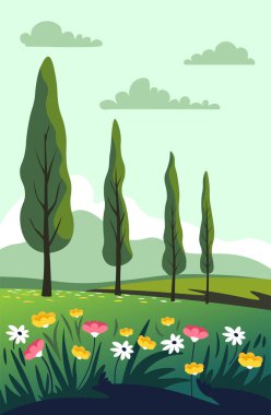 Düz vektör tarzında yaratılmış uzun ağaçlar ve çiçek açan kır çiçeklerinden oluşan sakin bir manzara. Doğa temalı tasarımlar için ideal.