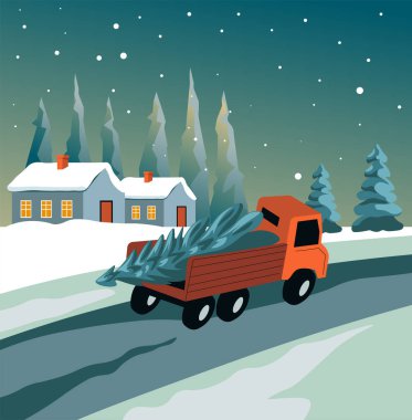 Karlı bir köyde Noel ağacı taşıyan bir kamyon. Düz bir vektör tarzıyla yaratılmış. Tatil ve mevsimlik tasarımlar için mükemmel.