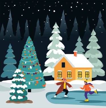 Patencilerin, bir Noel ağacının ve karlı bir evin olduğu, düz vektör tarzında yaratılmış bir kış manzarası. Tatil temalı çizimler için harika..