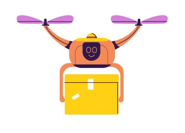 Düz dizayn tarzında sarı bir paket taşıyan renkli bir dron, beyaz arka planda izole edilmiş. Bu vektör illüstrasyonu teknoloji veya teslimatla ilgili içerik için idealdir.