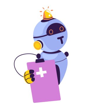 Beyaz arka planda izole edilmiş bir pano tutan tıbbi robotun vektör çizimi. Teknoloji ve sağlık temalı içerik için mükemmel.