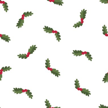 Beyaz arka planda izole edilmiş, düz stil bir vektörde kırmızı böğürtlenli, kusursuz desenli kutsal yapraklar. Noel süslemeleri ve Noel tasarımları için ideal..