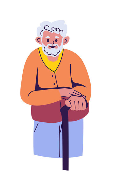 Пожилой человек с тростью, одетый в повседневную одежду, в плоском красочном стиле. Векторная иллюстрация, изолированная на белом фоне, подходит для здравоохранения или старших тем.