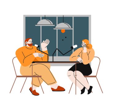 Kayıt sırasında konuşan iki podcast sunucusunun görüntüsü, mikrofonlu bir masada oturuyor. Düz biçim vektör illüstrasyonu.