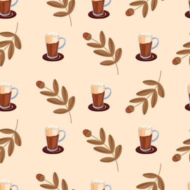 Kahve fincanları ve sonbahar yapraklarının sade ve rahat bir şekilde kullanıldığı kusursuz bir desen. Bu vektör çizimi mevsimsel tasarımlar ve sonbahar dekorasyonu için mükemmeldir.