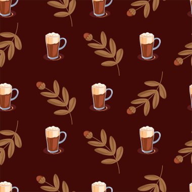 Kahve fincanları ve sonbahar yapraklarıyla kusursuz bir vektör deseni. Konforlu sonbahar temalı tasarımlar ve ev dekorasyonu için mükemmel..