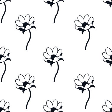 Beyaz arka planda papatyaları barındıran asgari derecede çiçeksiz bir desen. Tekstil, ev dekorasyonu ve duvar kağıdı tasarımları için vektör illüstrasyonu mükemmel.