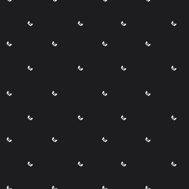Siyah arka planda küçük beyaz kelebekleri gösteren kusursuz bir desen. Bu minimalist vektör çizimi kumaş, duvar kağıdı ve kırtasiye için idealdir..