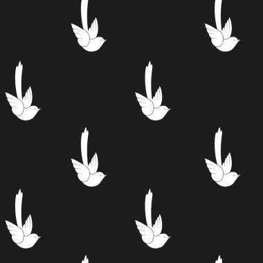 Siyah arka planda minimalist beyaz kuşları gösteren kusursuz bir desen. Bu modern vektör çizimi tekstil, duvar kağıtları ve dijital tasarımlar için mükemmeldir..