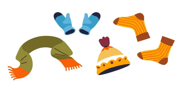 stock vector Set of winter clothing including mittens, socks, scarf, and hat in a simple flat style. Cozy and colorful vector illustration isolated on a white background, perfect for winter designs and projects.