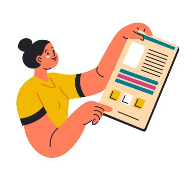 Beyaz arka planda izole edilmiş büyük bir belgeyi elinde tutan bir kadının vektör illüstrasyonu.