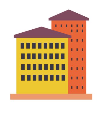 Beyaz arka planda izole edilmiş iki renkli ofis binasının vektör çizimi.