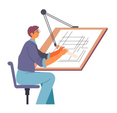 Çizim masasında çalışan bir mimarın resmi. Düz tasarım tarzı vektör çizimi. Beyaz arka planda izole edilmiş. Mimari ve tasarımla ilgili konular için ideal.