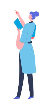 Bir kadın bilim adamının vektör çizimi bir pano tutuyor ve işaret ediyor. Basit renklerle düz stil. Beyaz arka planda izole edilmiş. Bilim, araştırma veya eğitici kavramlar için uygundur..