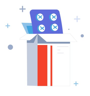 Tıbbi kapsül ambalajlı bir kutunun vektör çizimi. Basit renklerle düz stil. Beyaz arka planda izole edilmiş. Sağlık, ilaç ya da ilaç tasarımı için ideal.