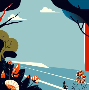 Büyük ağaçların ve şekillendirilmiş bitkilerin olduğu minimalist orman manzarası düz bir illüstrasyon tarzında. Bu vektör illüstrasyonu doğa temalı tasarımlar veya çevre projeleri için kullanılabilir.