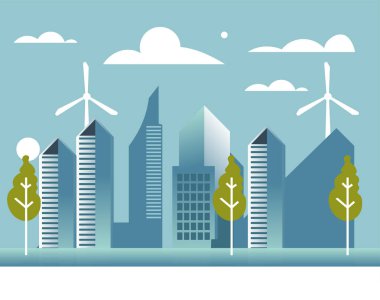 Gökdelenler, rüzgar türbinleri ve düz bir illüstrasyon tarzında ağaçlarla süslü bir şehir silüeti. Bu vektör kentsel gelişim veya çevre dostu şehirlere odaklı projeler için idealdir..