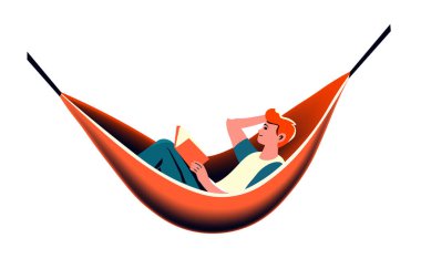 Kitap okurken hamakta rahatlayan bir adamın renkli bir vektör çizimi. Beyaz bir arka planda izole edilmiş. Tatil, rahatlama ve boş zamanlarla ilgili projeler için uygun.