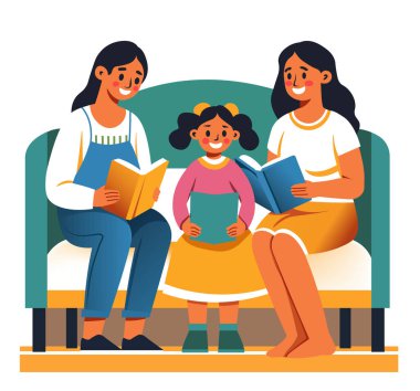 İki yetişkinin ve bir çocuğun çizgi film tarzında yer aldığı bir kanepede kitap okuyan bir ailenin vektör illüstrasyonu. Beyaz bir arkaplanda izole edilmiş.