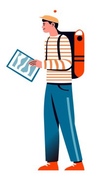 Elinde harita tutan genç bir gezginin vektör çizimi. Görüntü düz, modern bir tarzda, beyaz bir arkaplanda izole edilmiş, seyahat içeriği için ideal.