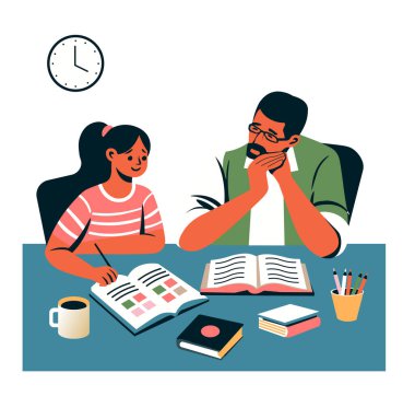 Ders sırasında öğretmeniyle çalışan bir öğrenci. Düz bir şekilde vektör çizimi. Eğitim veya öğretim tasarımları için uygundur.