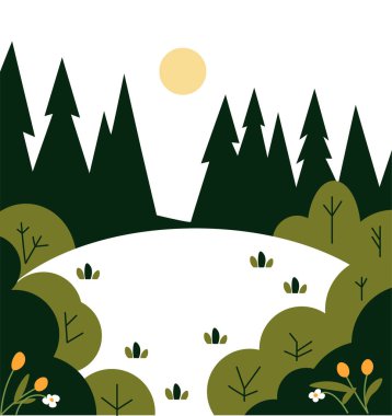 Açık mavi bir gökyüzünün altında yuvarlanan yeşil tepelerin, yumuşak ve basit şekillerle, vektör çizimi. Doğayla ilgili tasarım ve baskı projeleri için ideal.