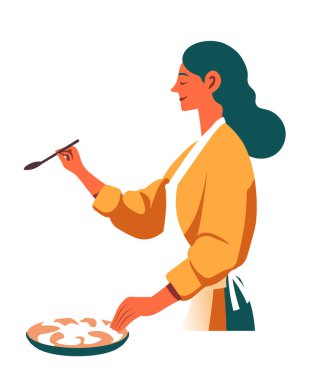 Beyaz arka planda izole edilmiş, kaşıkla yemek pişiren bir kadının vektör çizimi. Yemek, mutfak ya da mutfakla ilgili tasarımlar için mükemmel..