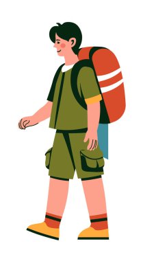 Beyaz arka planda izci üniforması giyen ve büyük kırmızı bir sırt çantası olan bir çocuğun vektör çizimi. Bu temiz ve basit tasarım eğitim veya açık hava temalı projeler için kullanılabilir.