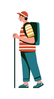 Beyaz arka planda izole edilmiş çizgili gömlek ve şapka giyen bir erkek yürüyüşçünün vektör çizimi. Düz biçim tasarımı.