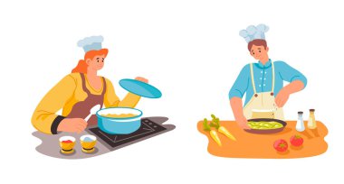 Bir grup şefin hamur ve süsleme kekleri ile çalışan, çeşitli ürünler pişiren, beyaz arka planda izole edilmiş bir grup şefin vektör çizimi.