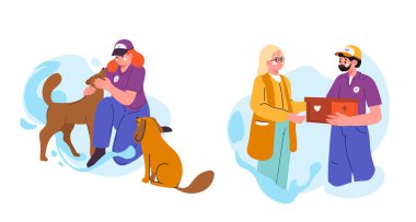 Bir gönüllü sokak köpeklerini çizgi film tarzında besliyor. Vektör resmi beyaz bir arkaplanda izole edilmiştir.