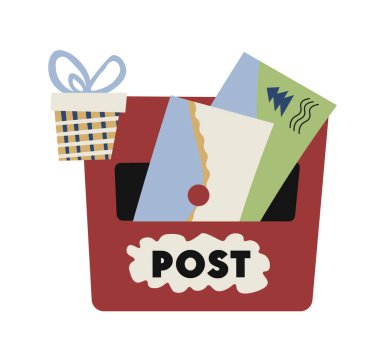 Beyaz üzerine izole edilmiş, eğlenceli bir vektör tarzında hediye ve harflerle süslü posta kutusu illüstrasyonu. Tatil dekorasyonu ve mevsimlik ürünler için uygun.